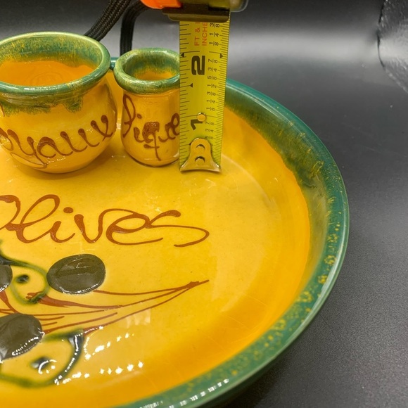 French Olive Dish W/Toothpick & Pit Bowls Gold & Green 7” Diameter - Picture 9 of 16